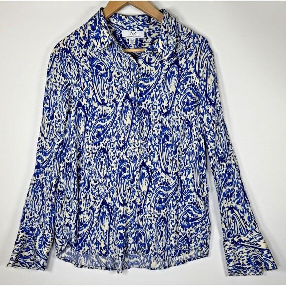 Magaschoni Blouse Womens XL Blue White Paisley Abstract Button Front Long Sleeve - Picture 1 of 12
